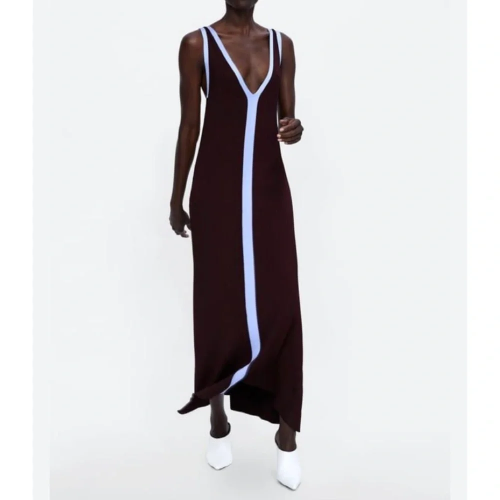 NEW Zara ribbed knit color block maxi dress purple blue - Picture 1 of 8
